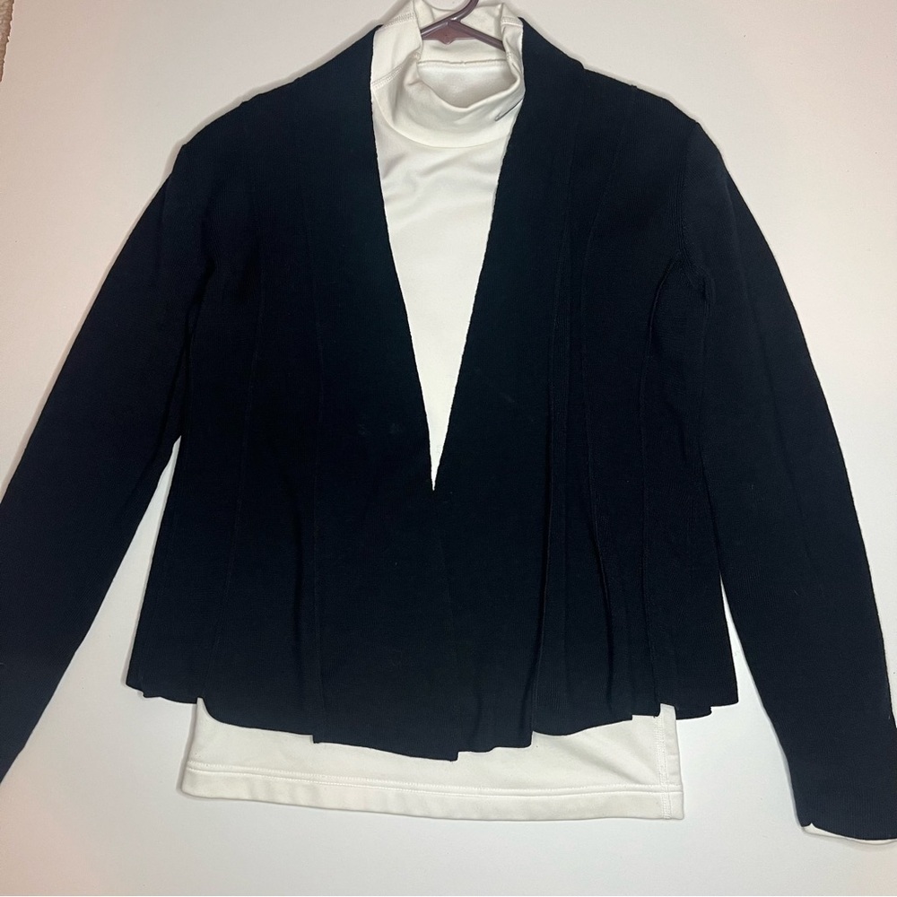 Eileen Fisher Merino Wool Step Panel Open Front Cardigan Sweater Petite S Black - Picture 7 of 8